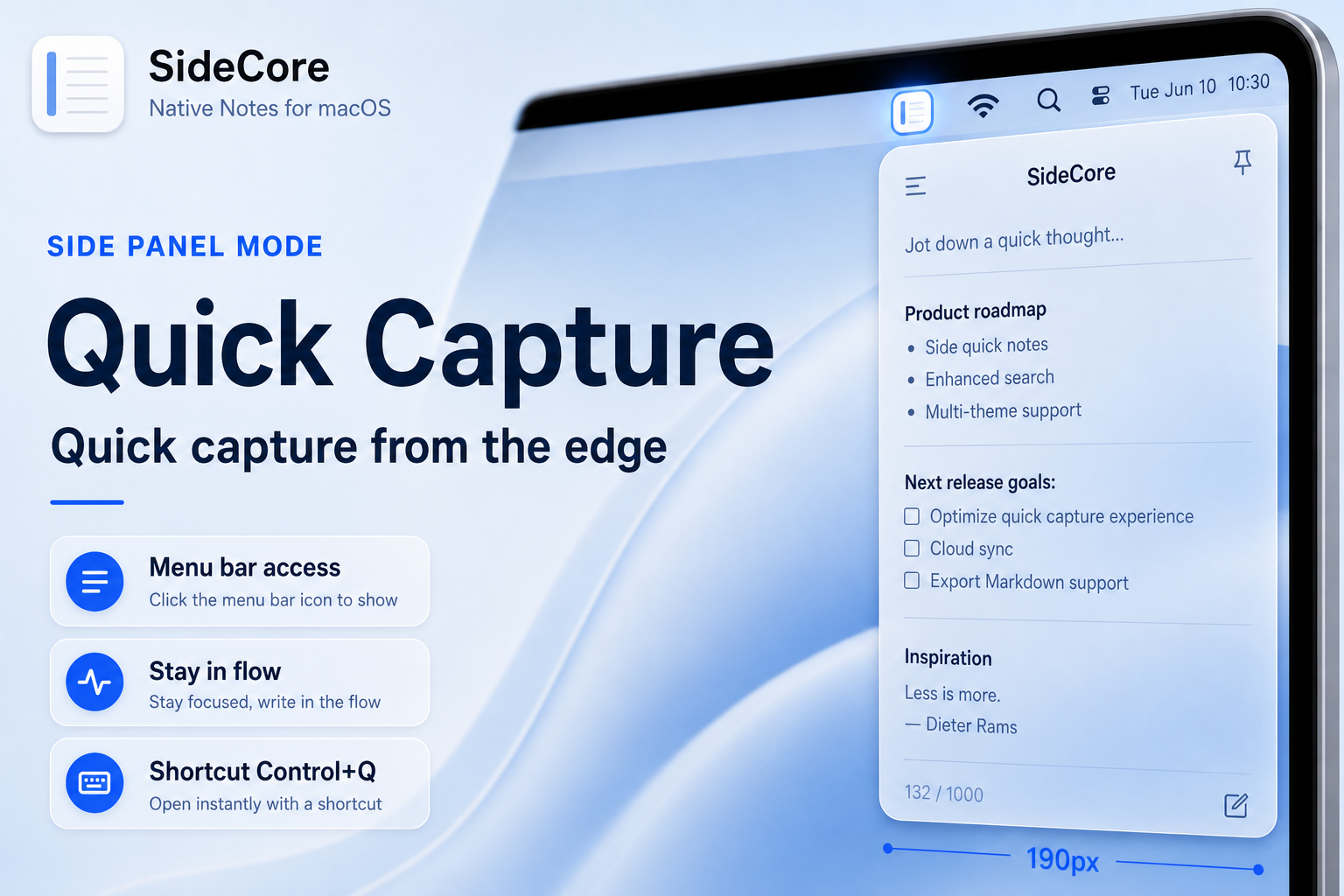 SideCore side panel on macOS — quick capture from the edge